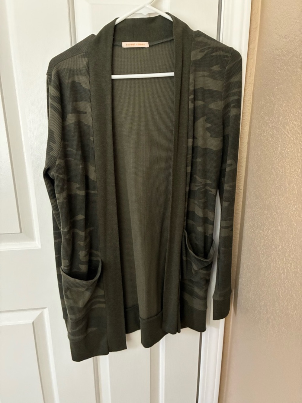 Sweet Romeo Olive Camo Open Front Cardigan